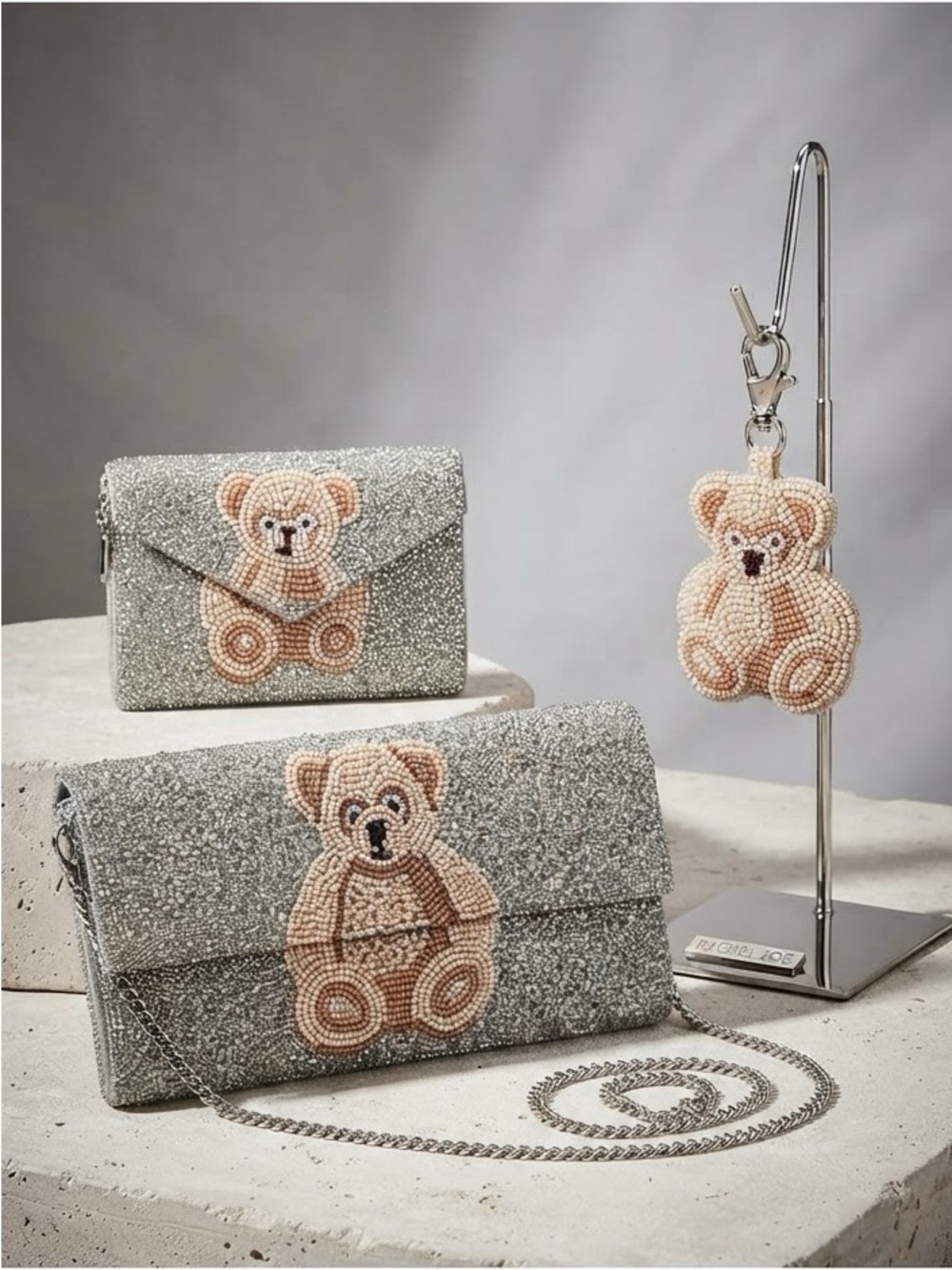 Rachel Zoe Silver Beaded Teddy Crossbody Bag with Beige Appliqué